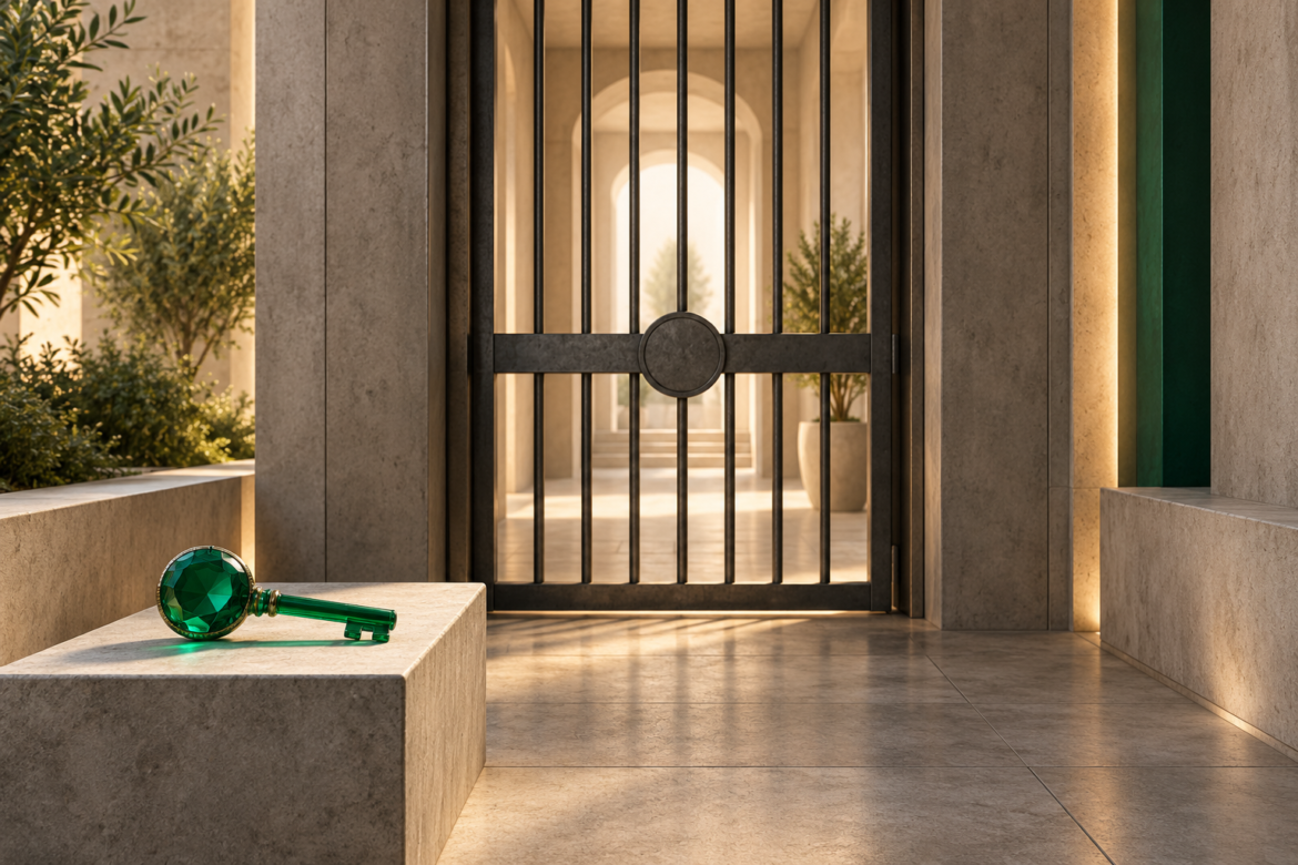 A green key rests on a stone ledge in front of a closed metal gate and a sunlit corridor.