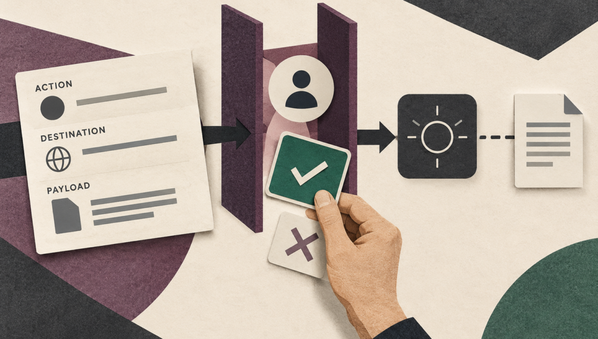 A human approves a prepared action, destination and payload before execution and a receipt.
