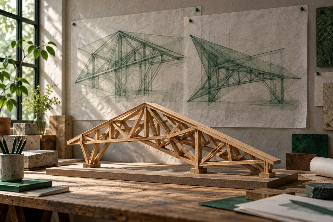 A timber truss model rests on a studio table beneath two pinned sketches of alternative structures.
