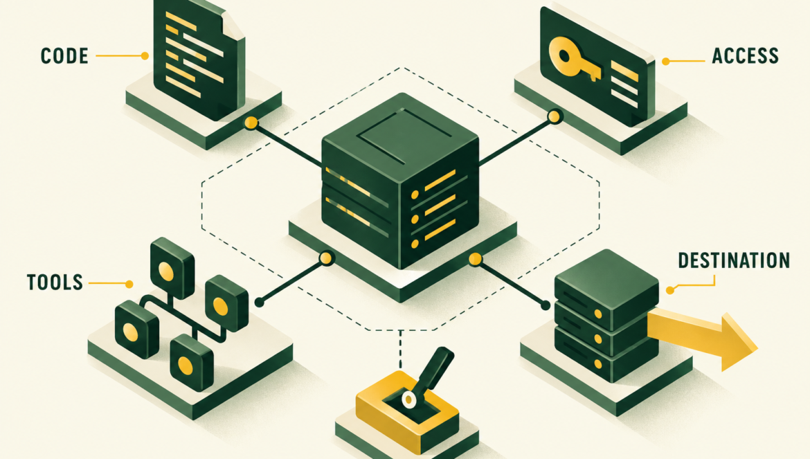 An MCP server is surrounded by code, access, tools and destination checks, plus a disconnect control.