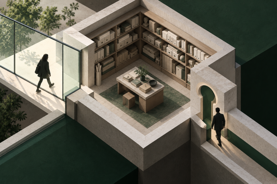 A cutaway archive room with shelves, a broad glass entrance on the left and a narrow keyhole-shaped doorway on the right, each approached by a figure.