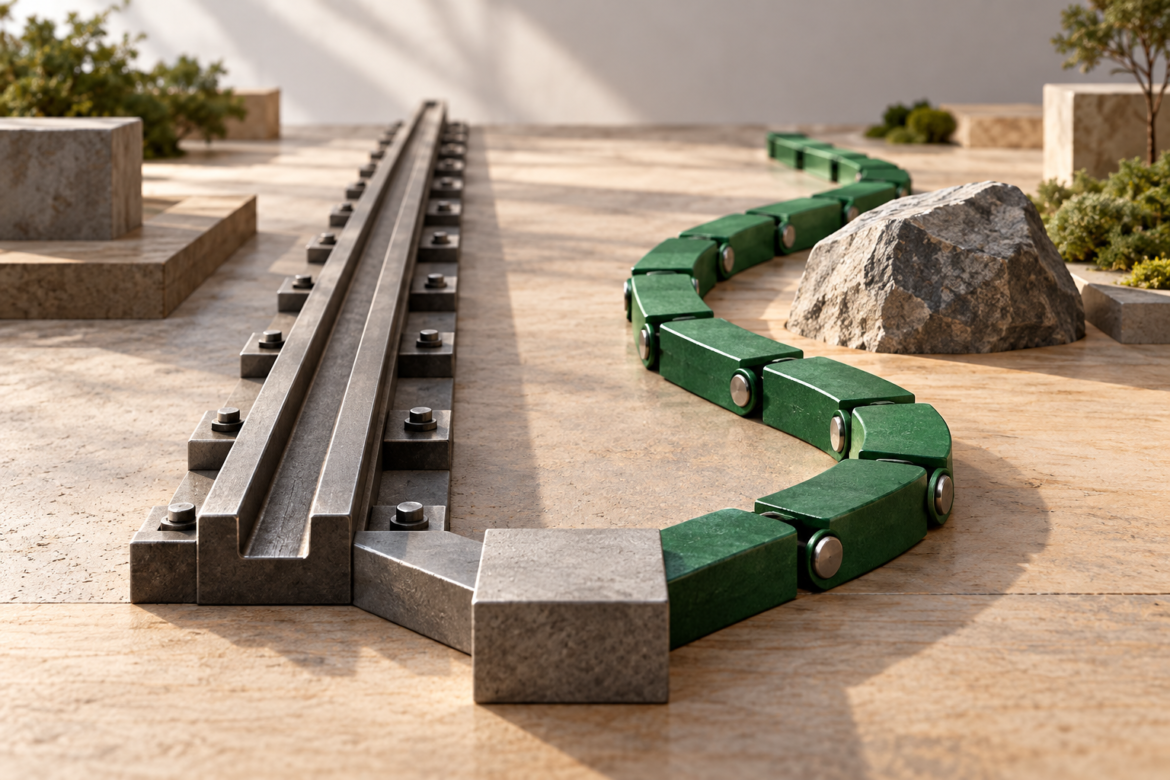 A straight metal rail and a green articulated path diverge from one block, with the flexible path curving around a stone.