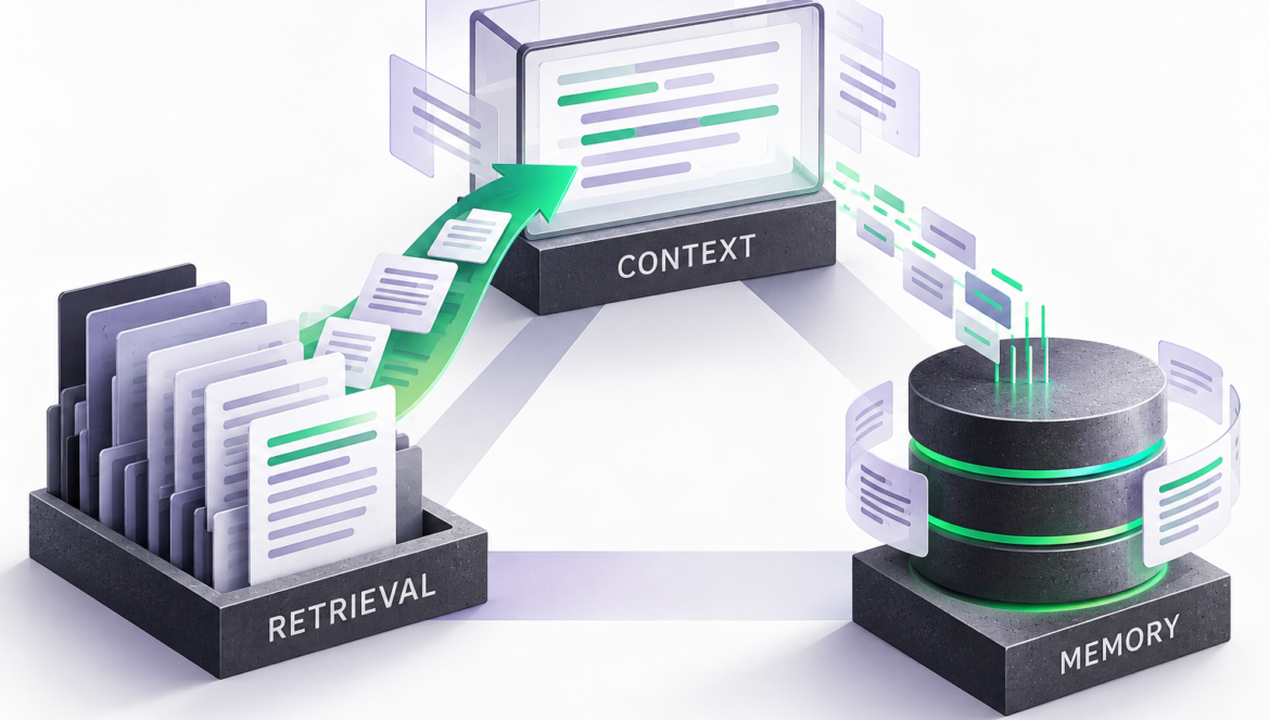 A context window connects to retrieved documents and a separate persistent memory store.