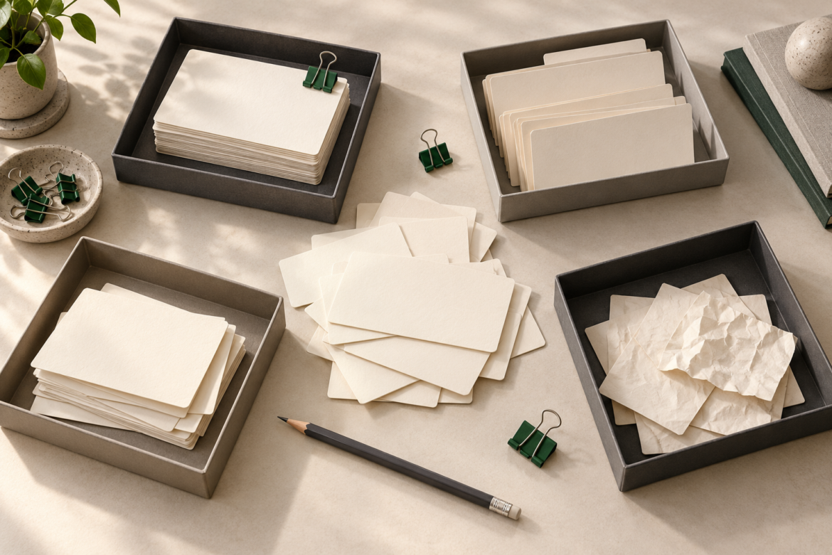 Four trays of blank cards surround loose cards on a light desk, with green clips and a pencil.