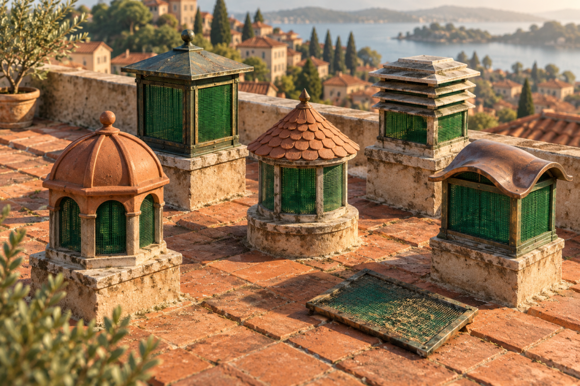 Five small rooftop ventilation towers have green mesh screens, with a detached filter lying on the terracotta roof.