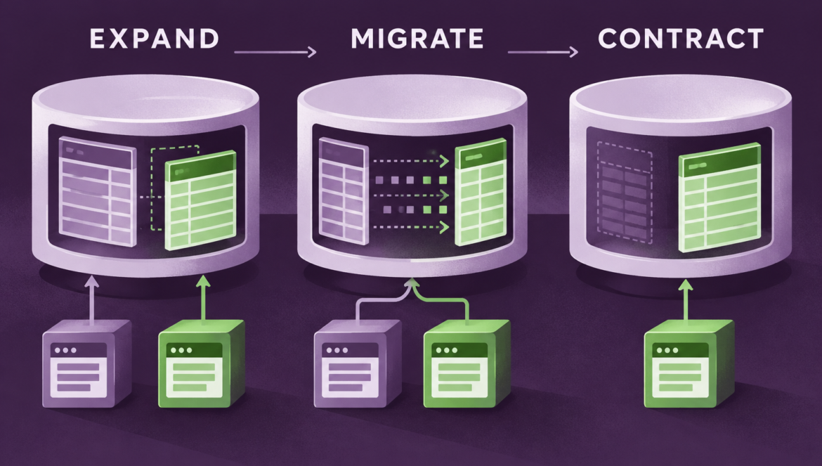 Database structures expand, coexist during migration and contract after the old structure is retired.