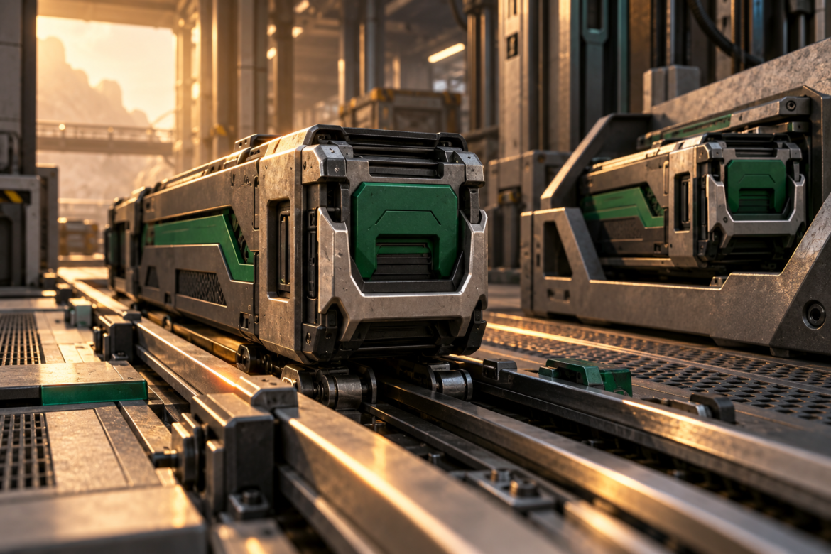 A green and graphite cartridge sits on a maintenance rail, with a spare cartridge in a cradle at the right.