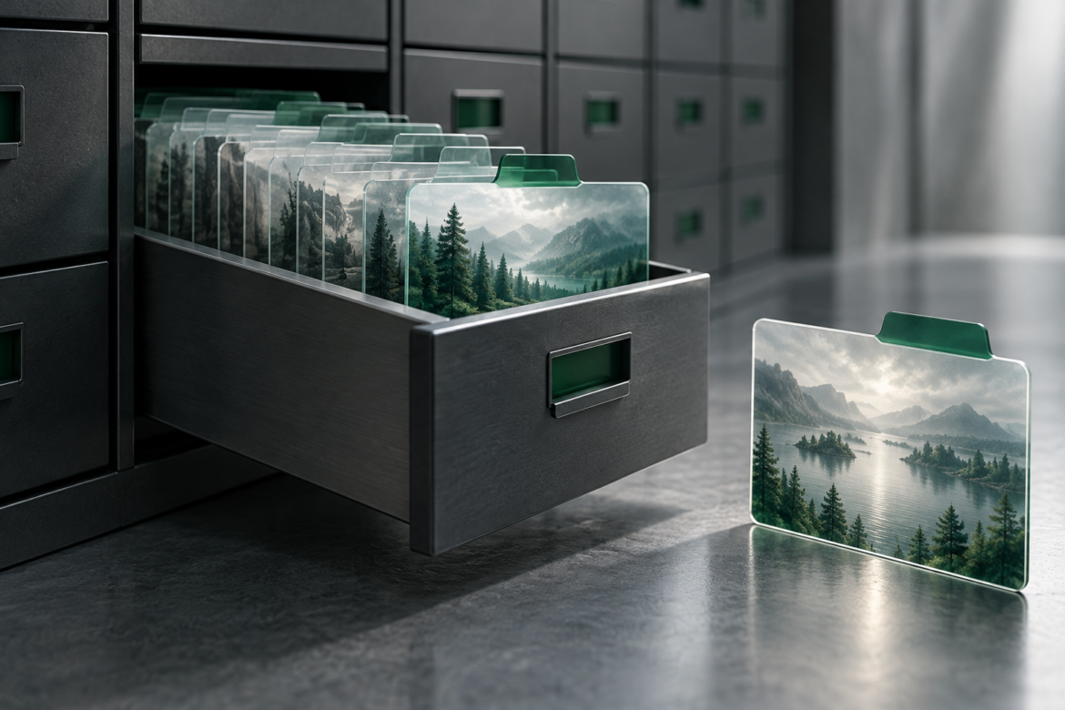 An open dark archive drawer holds translucent landscape cards, with one card standing outside at the right.