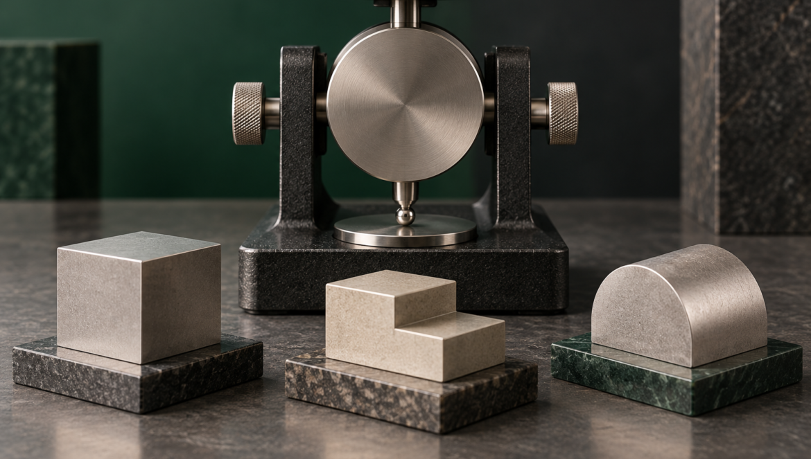 An unmarked circular calibration fixture stands behind three metal samples: a cube, a stepped block and a rounded block.
