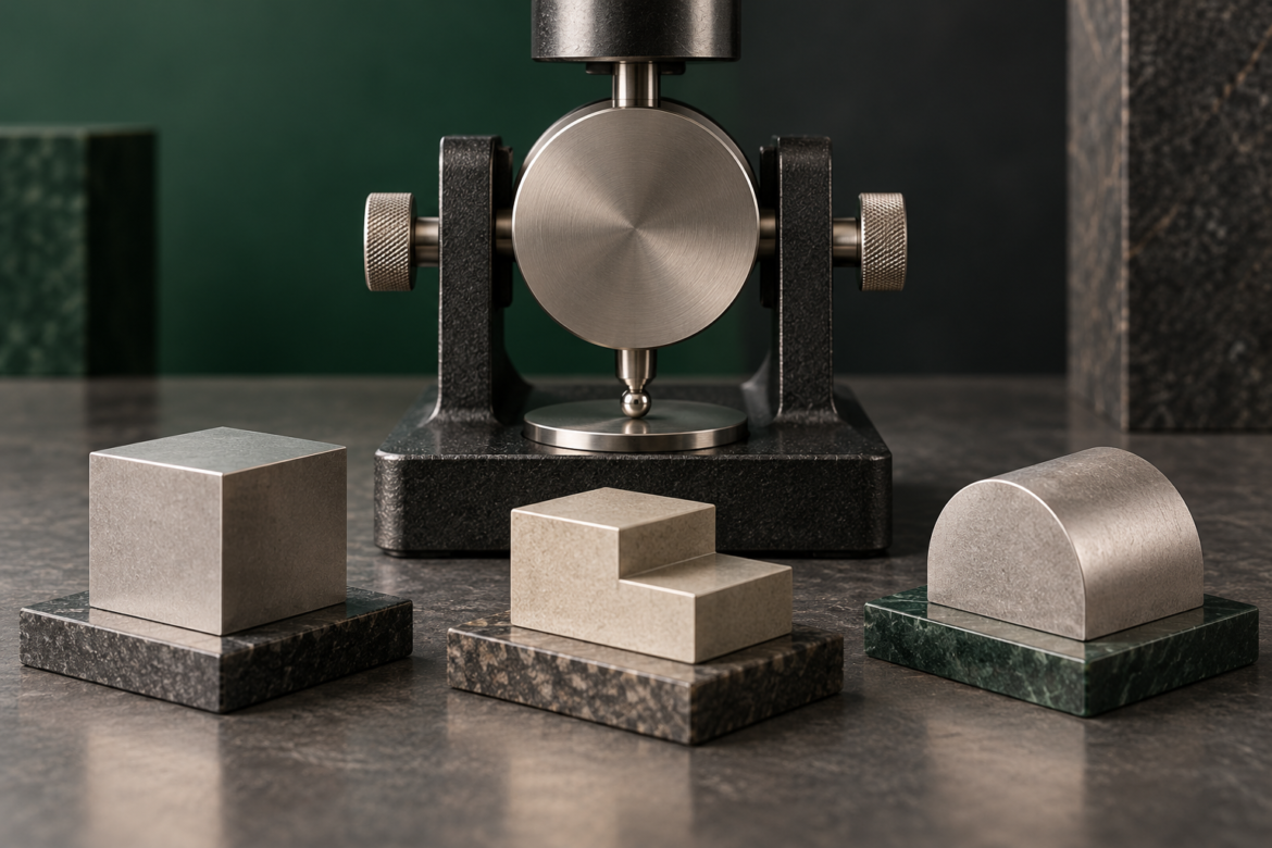 An unmarked circular calibration fixture stands behind three metal samples: a cube, a stepped block and a rounded block.