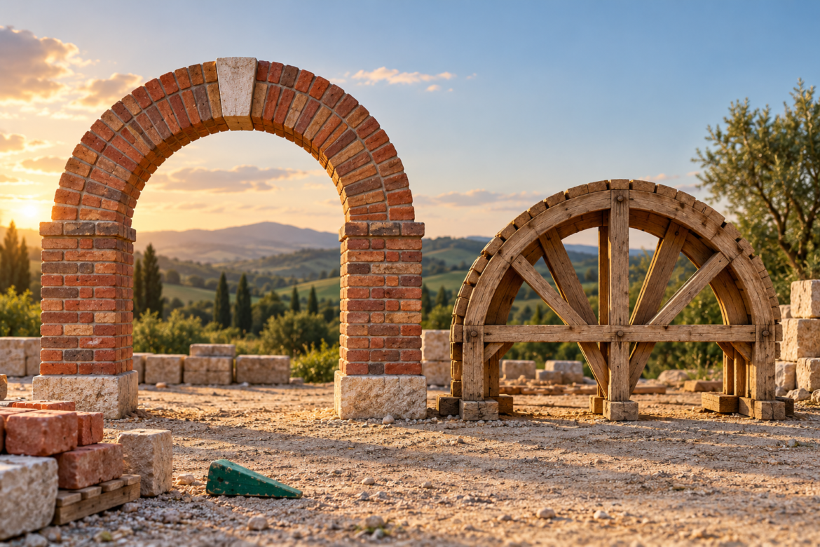 A freestanding brick arch stands beside its detached semicircular timber support in a sunlit building yard.