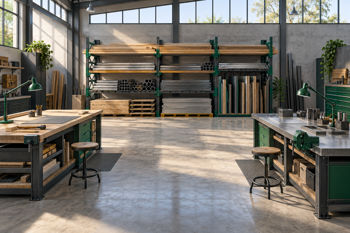 Two separate workbenches face an open aisle, with a shared rack of wood and metal along the rear wall.