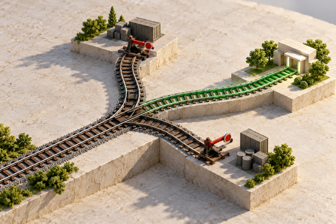 A miniature railway splits into three branches, with a green route to an open gateway and red barriers on two others.