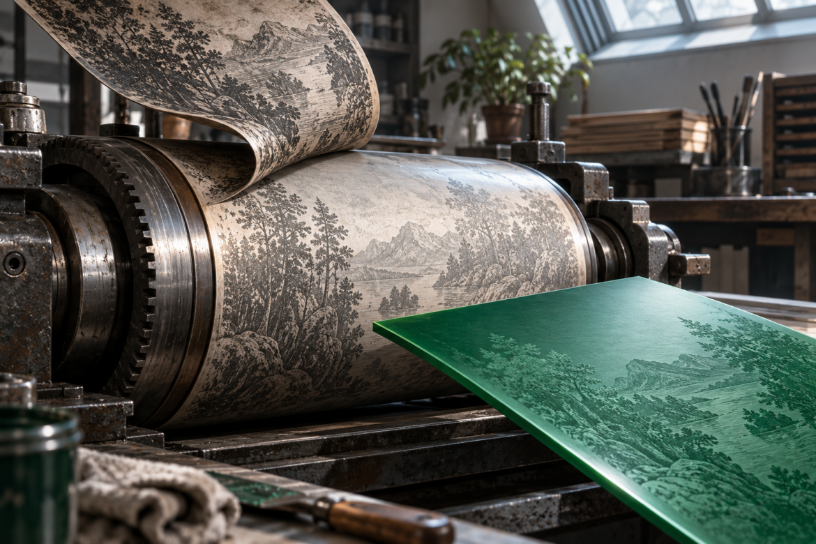 A printing cylinder with a curled engraved plate above it and a green replacement plate approaching from the lower right.