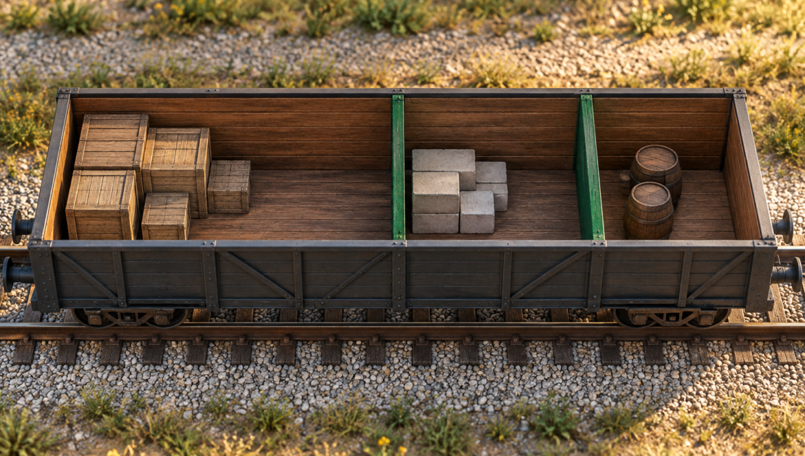 An open freight wagon has three unequal cargo bays separated by green dividers, holding wooden crates, pale blocks and two barrels.