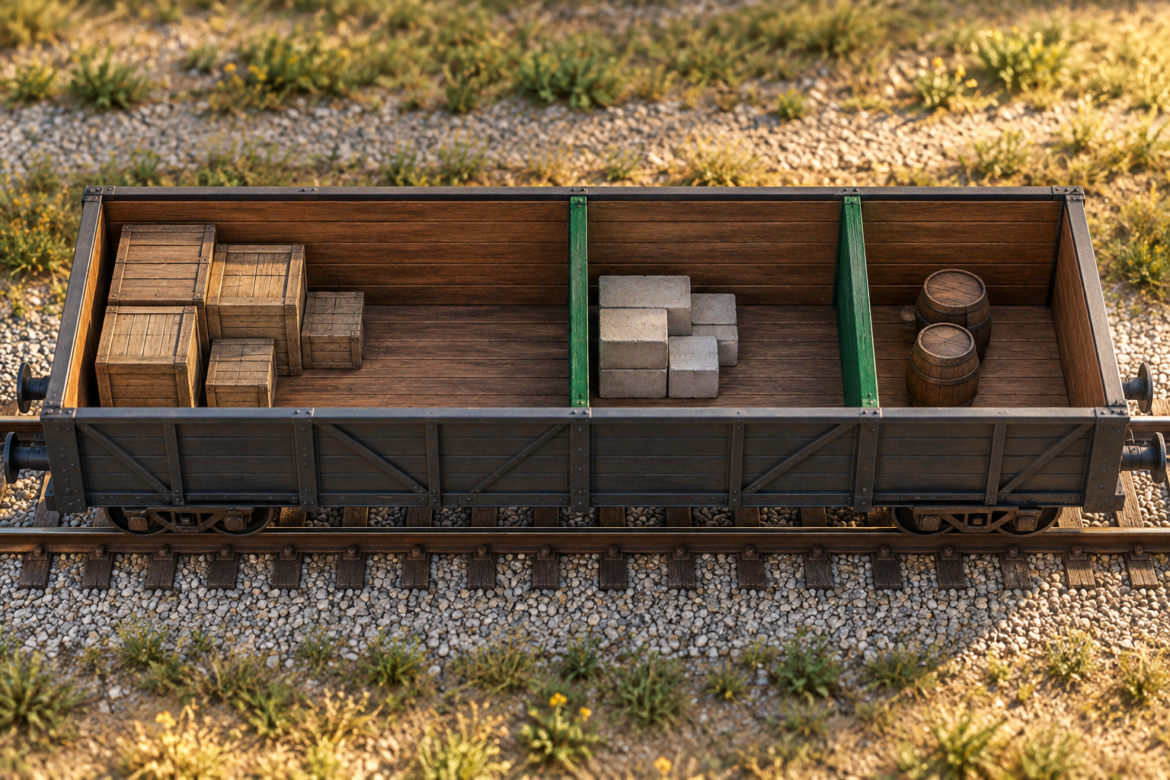 An open freight wagon has three unequal cargo bays separated by green dividers, holding wooden crates, pale blocks and two barrels.