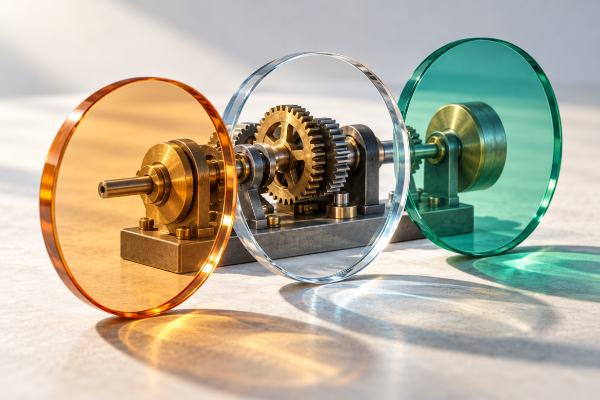 Three amber, clear and green glass discs frame a small metal gear assembly on a pale surface.