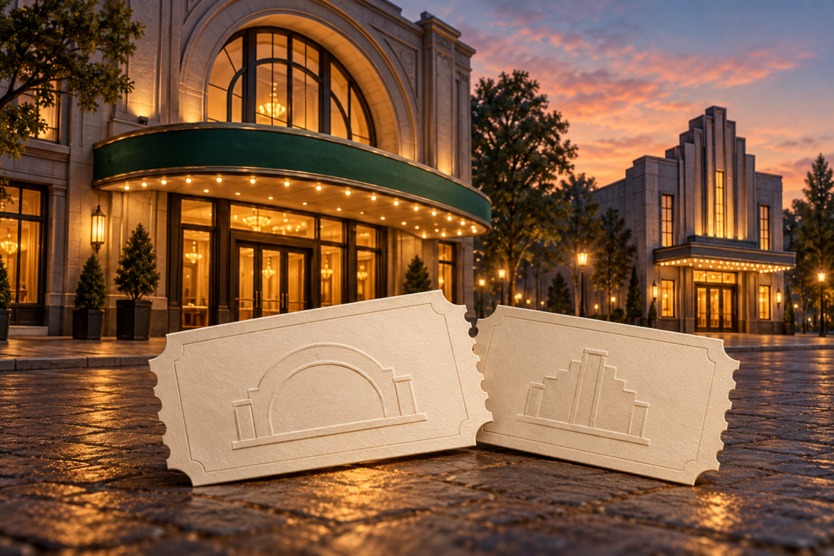 Two ivory tickets embossed with different architectural shapes lie before an arched theater and a stepped theater at dusk.
