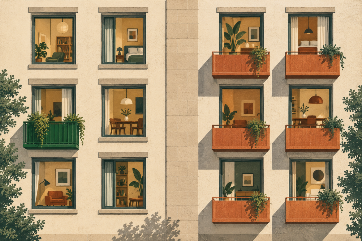 An apartment facade has separate lit rooms, one green balcony on the left and terracotta balconies on the right.