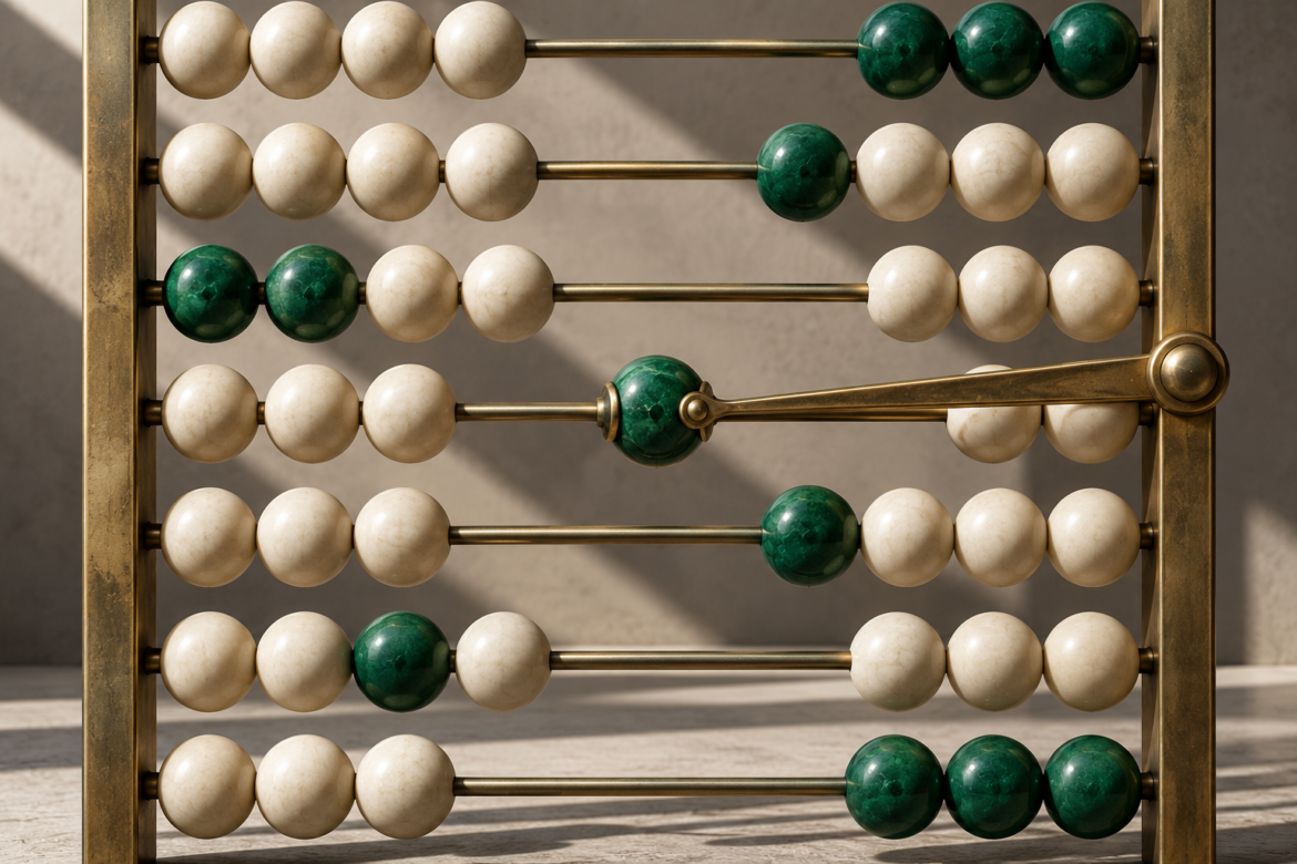 Rows of ivory and green abacus beads surround a brass pointer attached to one central green bead.