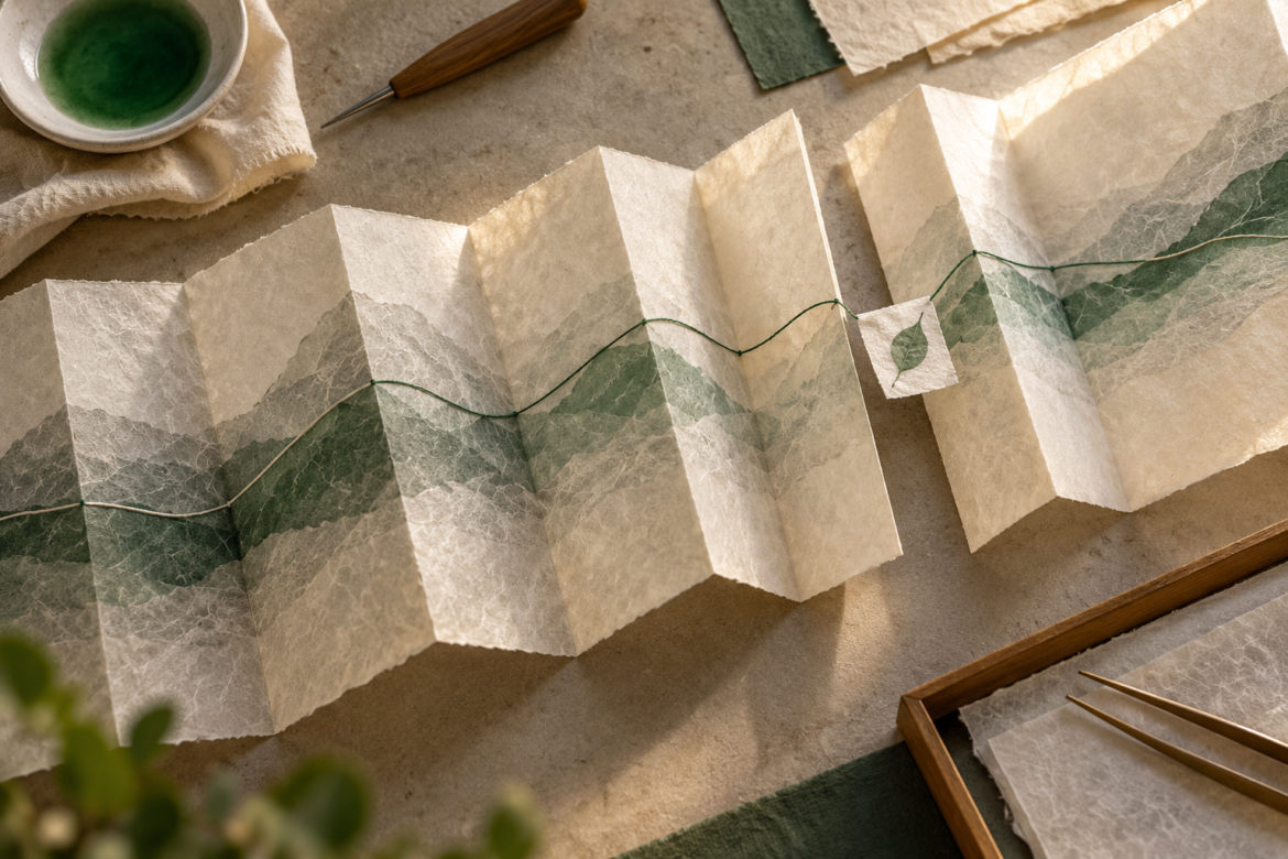 An accordion-folded translucent sheet with a green thread crossing its folds and connecting a small leaf-printed paper tab.