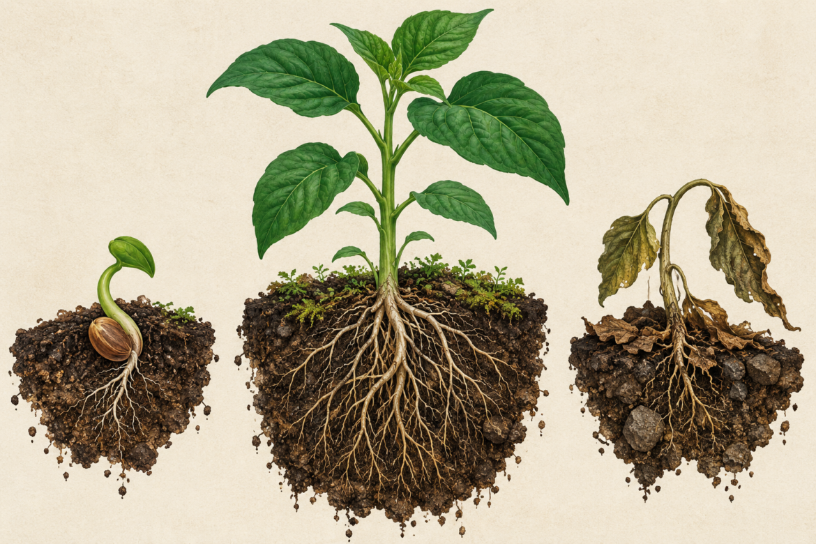 A sprouting seed, a leafy upright plant and a wilted plant appear in three separate soil sections with exposed roots.