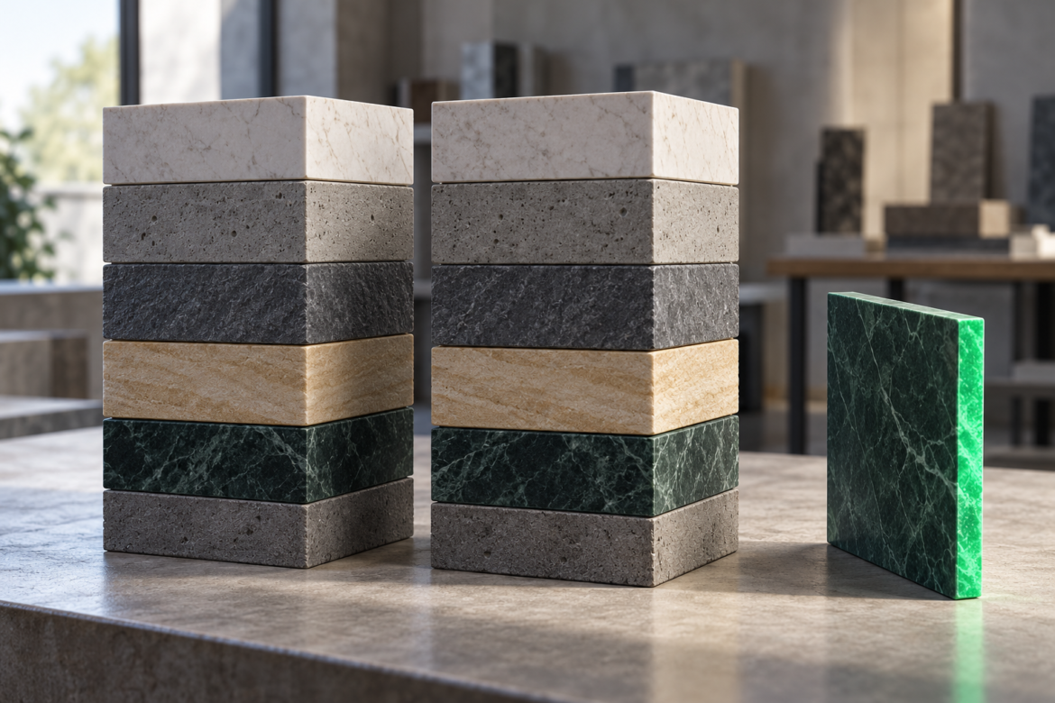 Two matching stacks of stone layers stand beside a separate green slab on a studio bench.