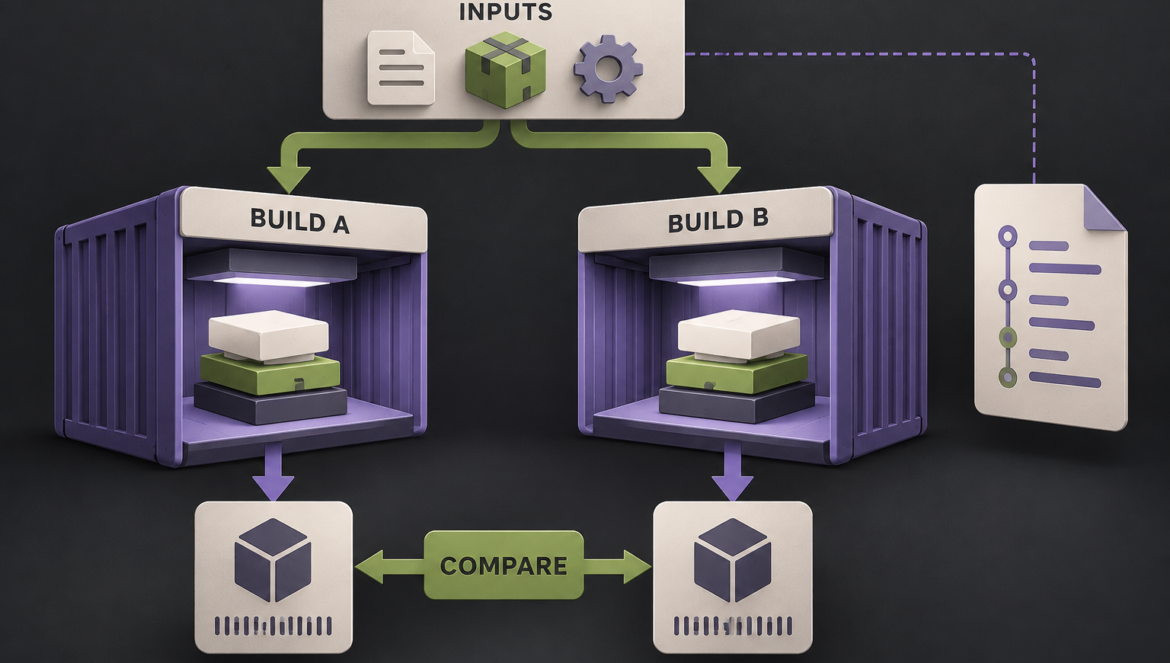 Shared build inputs feed two independent builds whose resulting artifacts are compared beside a separate provenance record.