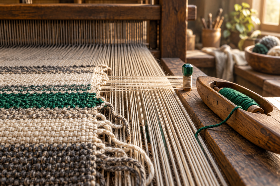A wooden loom with partially woven cream and green fabric, exposed warp threads, a resting shuttle and a small green-topped peg.