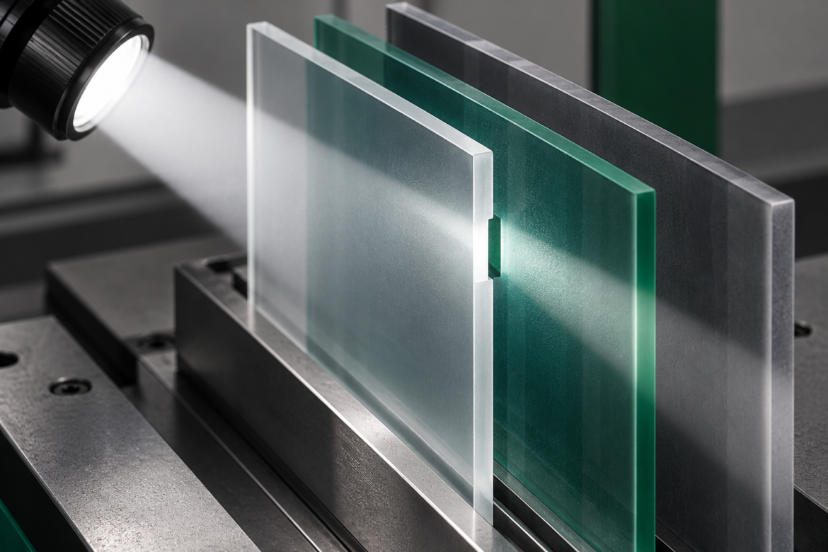 A white inspection beam crosses three upright translucent panels, revealing a notch near their center.
