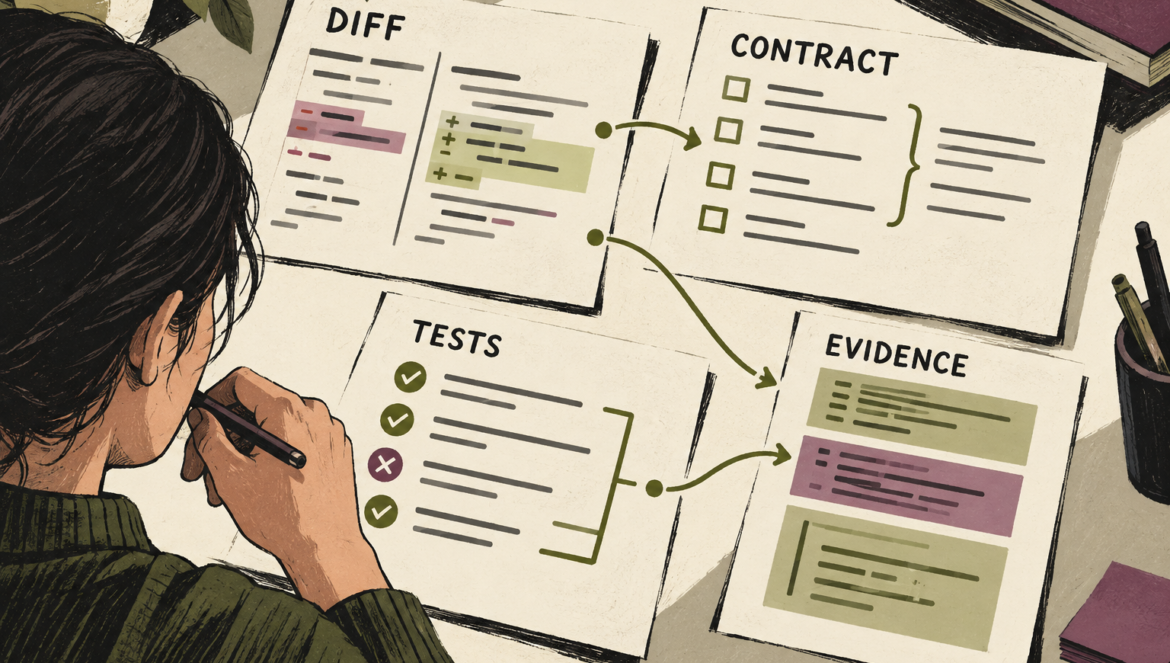 A reviewer connects a code diff with its contract, failure-case tests and supporting evidence.