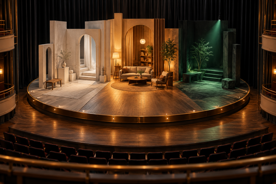 An empty theater overlooks a circular stage with pale, warmly lit and dark green scenic areas, framed by black curtains.