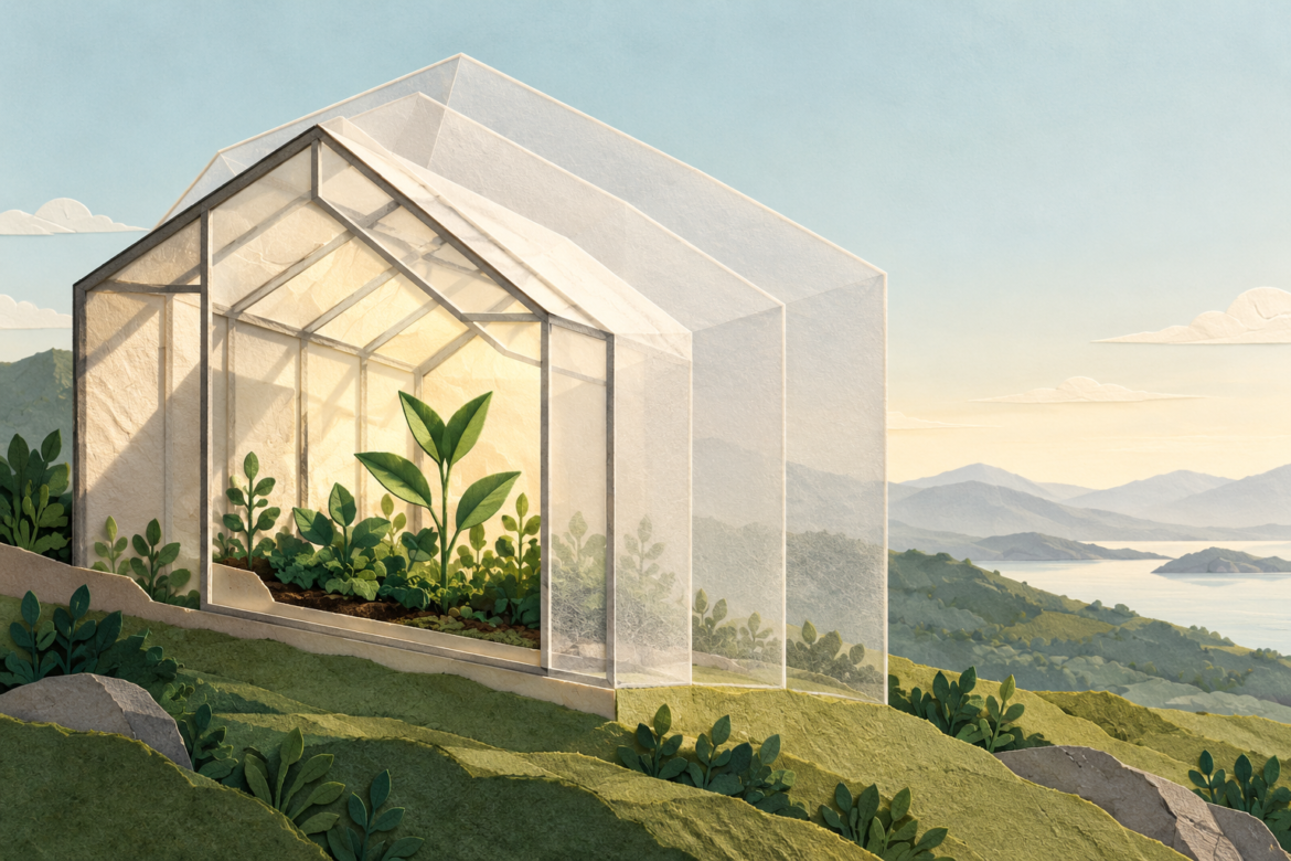 Layered translucent paper walls surround green plants in a hillside greenhouse, with pale mountains and water beyond.