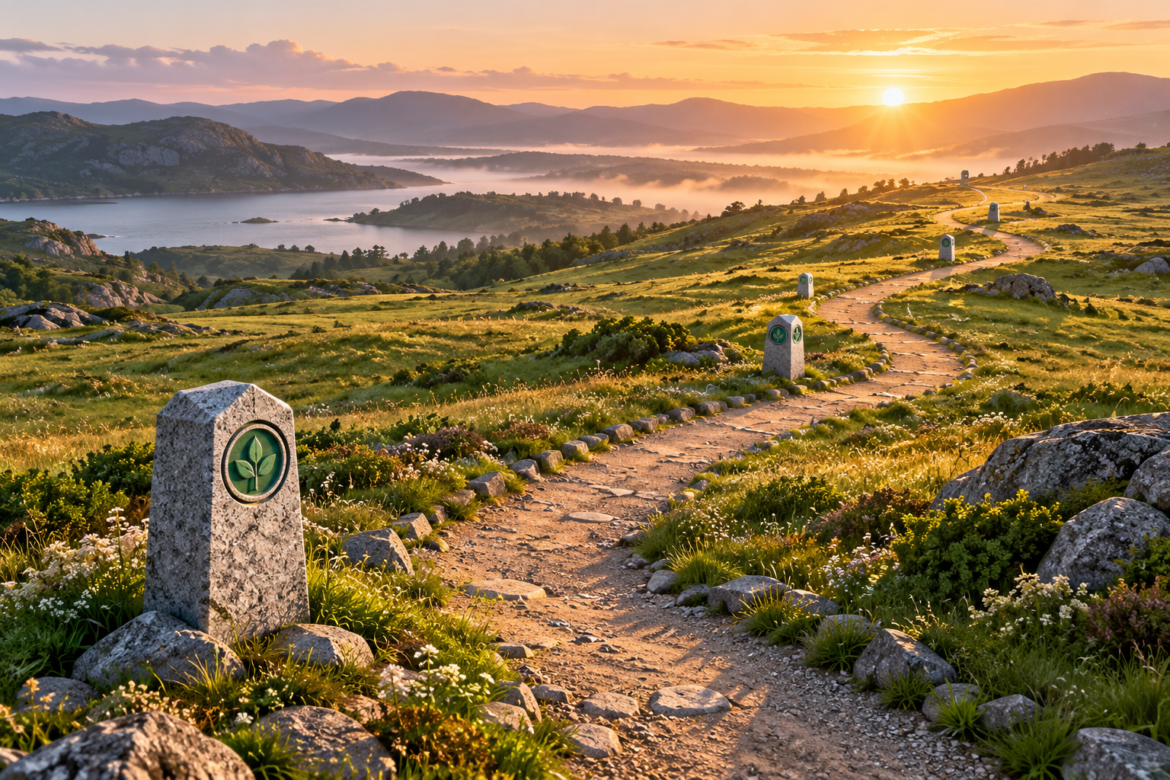 A winding footpath marked by granite posts crosses a grassy hillside beside a lake in low sunlight.