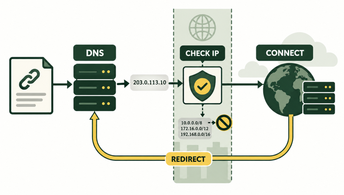 DNS resolution is followed by an IP check before connection, with redirects returning through validation.