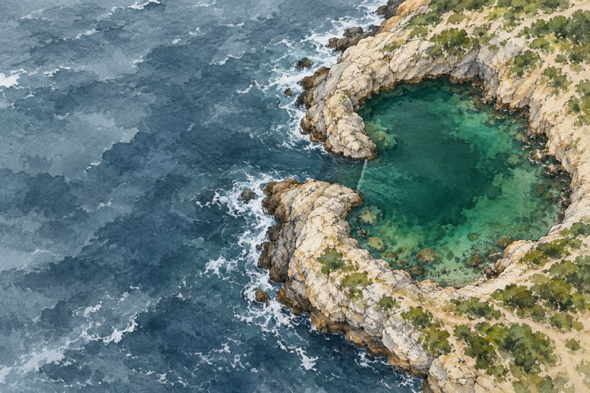 A narrow screened channel connects gray-blue open sea to a green inlet enclosed by pale rocky headlands.