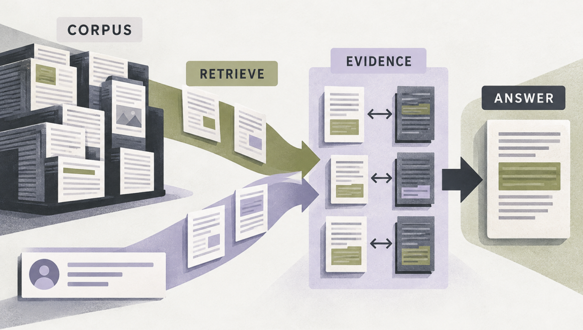 Corpus passages and a query meet an evidence comparison before an answer is produced.