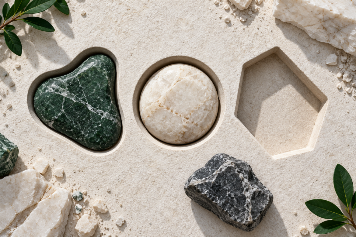Two polished stones fitted into shaped recesses beside an empty angular recess, with a mismatched dark stone below.