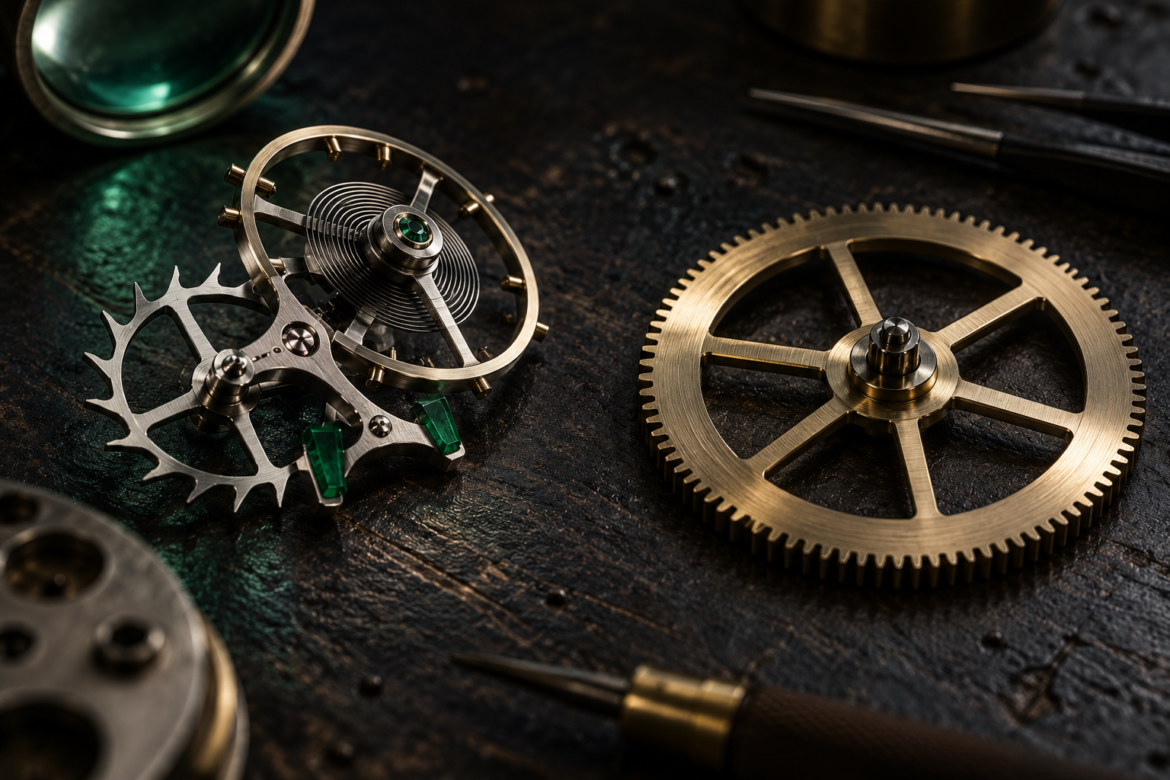 A detached watch escapement and a broad brass gear rest separately on a dark watchmaker bench.
