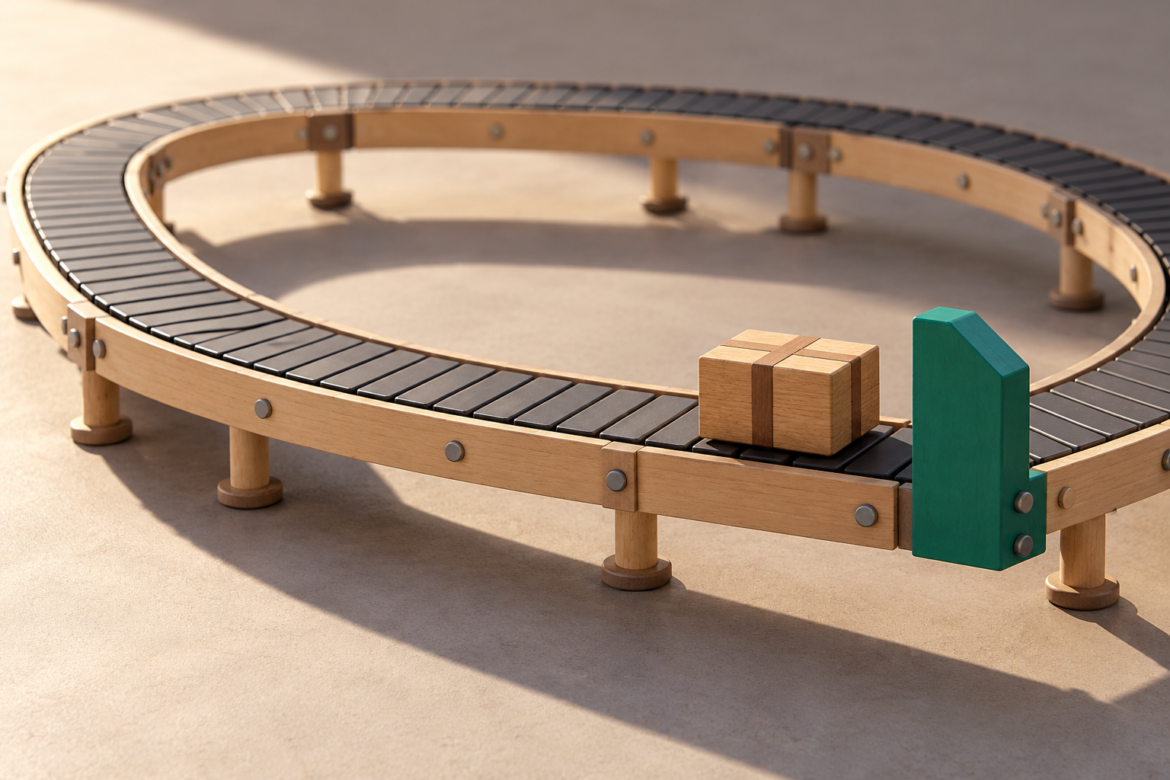 One wooden parcel approaches a green stop on a looping conveyor model.