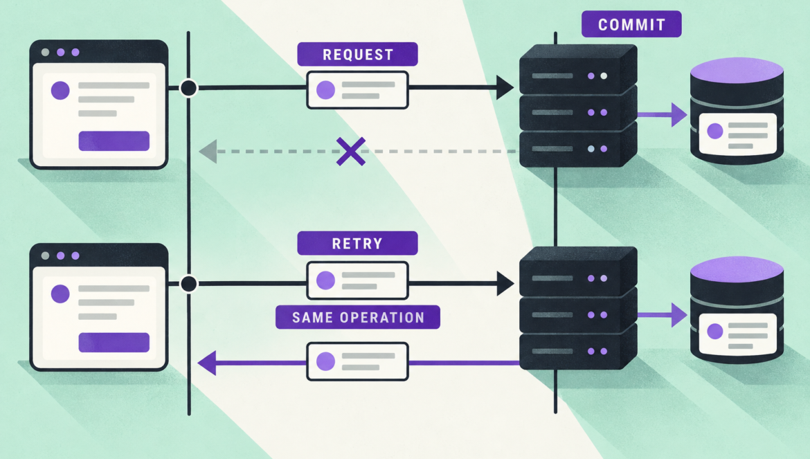 A committed request loses its response, and a retry uses the same operation identity to recover the recorded result.