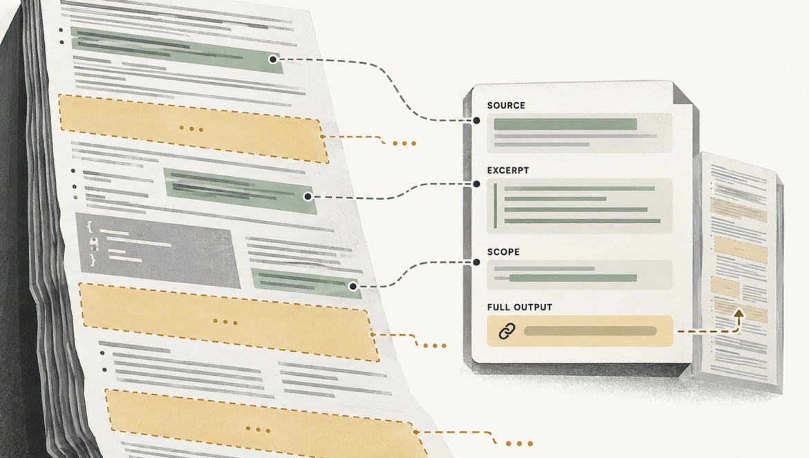 Selected tool-output passages become an evidence envelope retaining source, excerpt, scope and access to the full output.