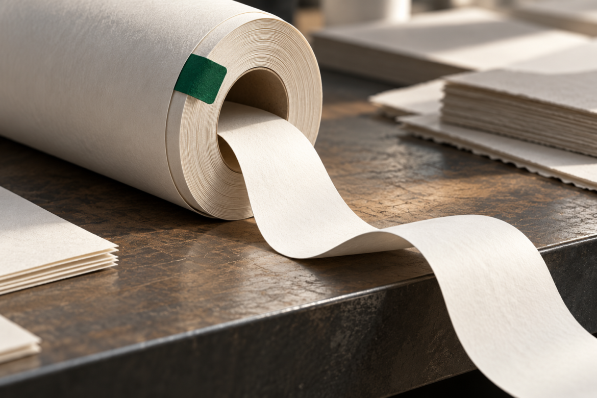 A large unmarked paper roll with a green tab and a continuous white strip extending across a desk and over its edge.