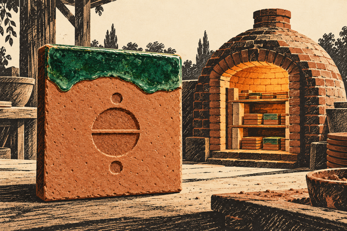 A terracotta tile with a geometric impressed mark and green glaze stands beside an open brick kiln holding stacked tiles.