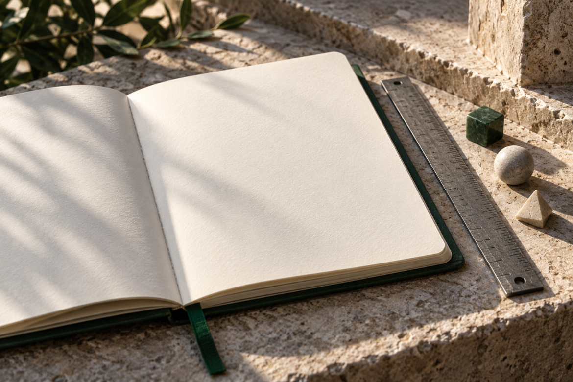 An open blank notebook rests on a stone ledge beside a metal ruler and three small geometric markers.